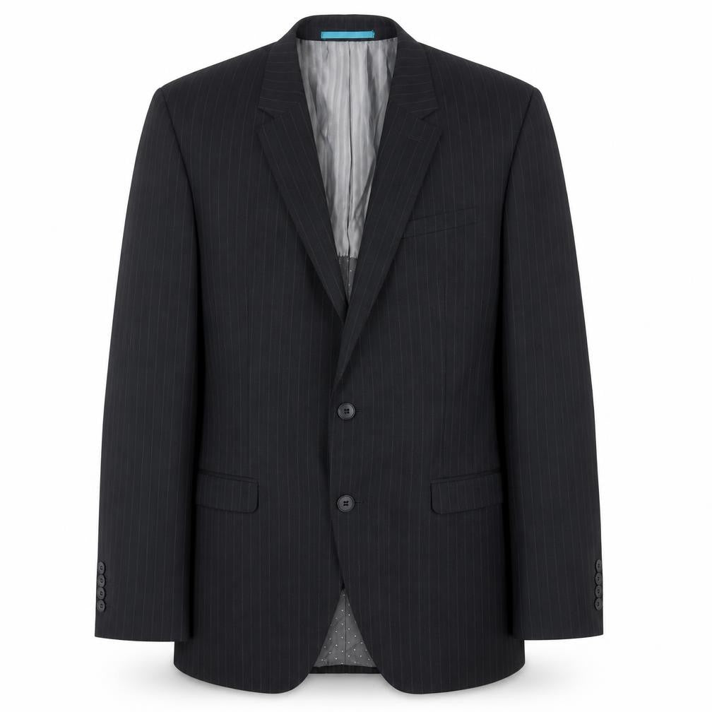 Front view of Urbane men’s black striped polyester jacket suit jacket, size 40