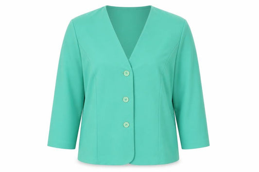 Front view of Karelia women’s green jacket, size UK 20, button