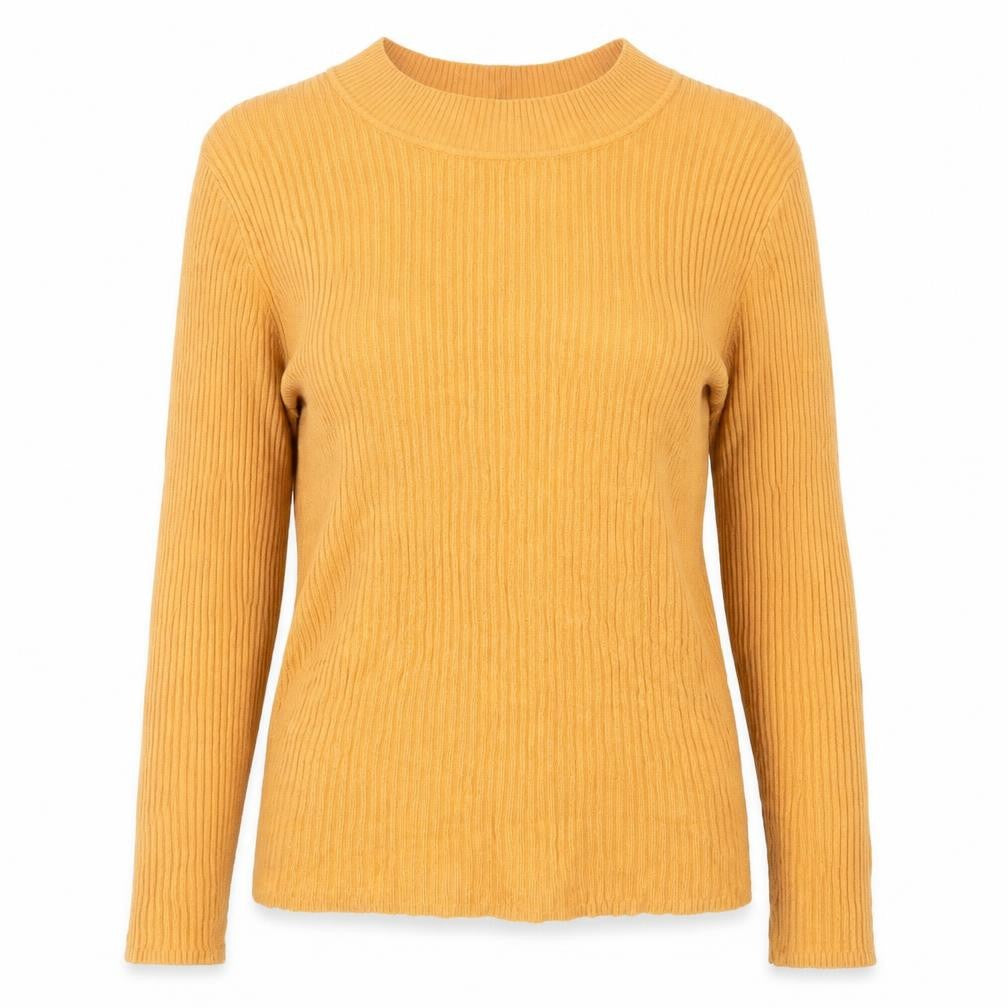 Front view of Primark women’s yellow crew neck polyester jumper, size UK 12