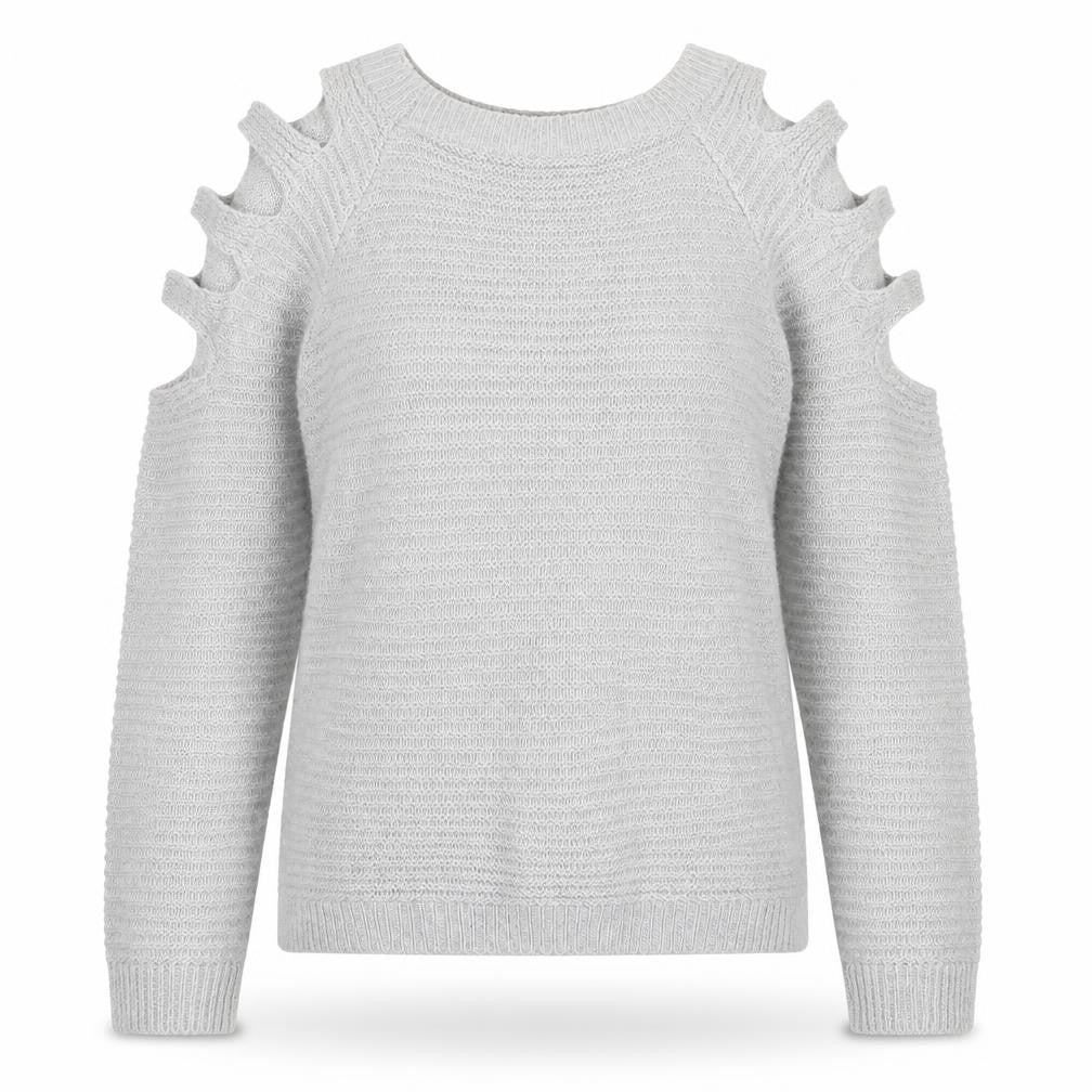 Front view of Preworn women’s grey crew neck acrylic jumper, size S
