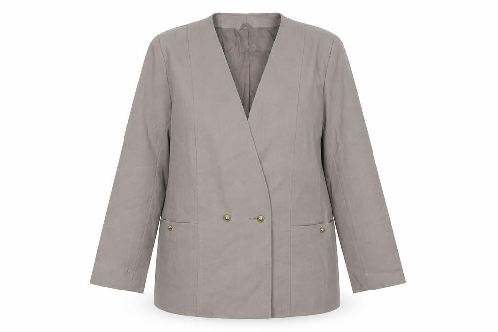 Front view of Preworn women’s grey jacket blazer, size UK 18, button