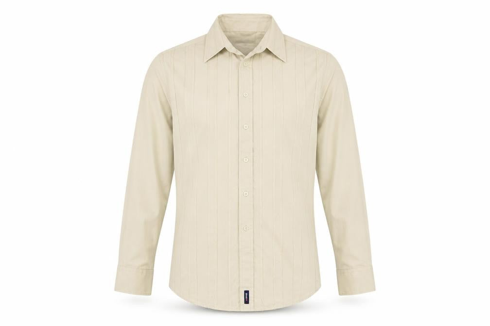 Front view of Soviet men’s beige cotton button-up, size M, collared button