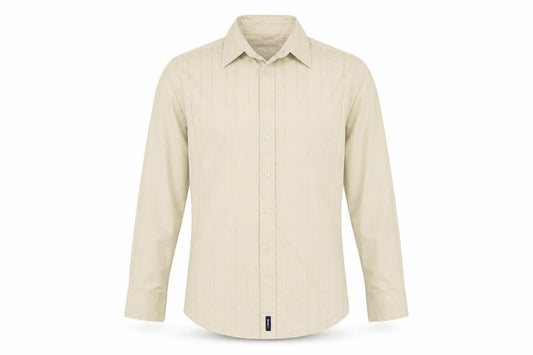 Front view of Soviet men’s beige cotton button-up, size M, collared button