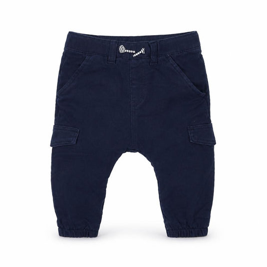 Front view of H&M Baby Blue Polyester Cargo Trousers, size 6-9, Months Drawstring