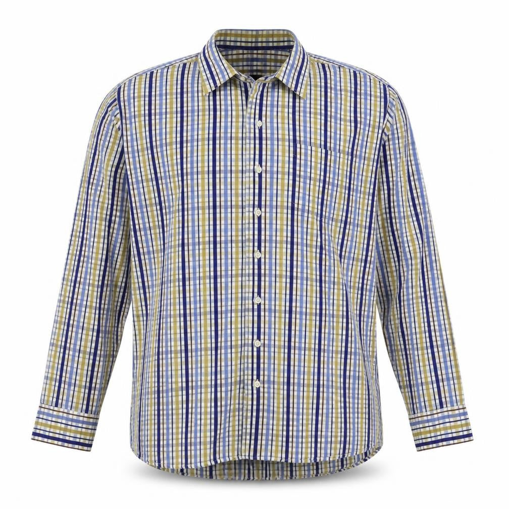 Front view of Pure Hitch men’s multicoloured plaid cotton button-up, size 2XL, collared button
