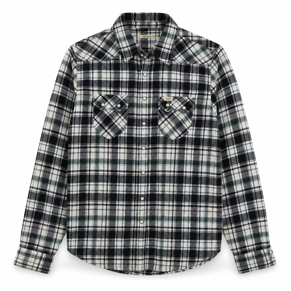 Front view of Lee men’s green plaid cotton button-up, size XS, collared button