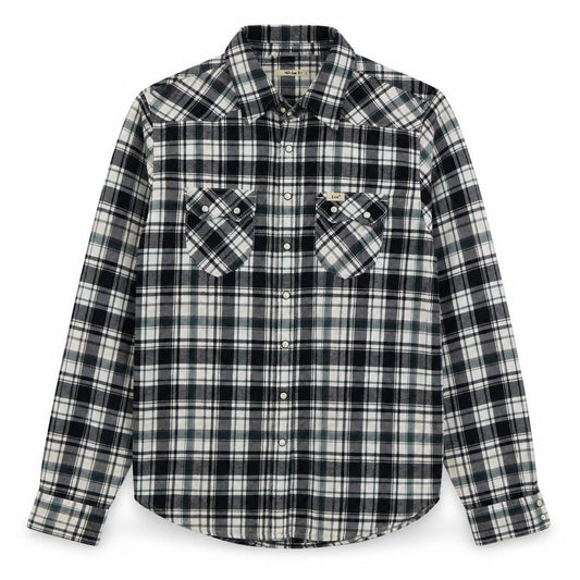 Front view of Lee men’s green plaid cotton button-up, size XS, collared button