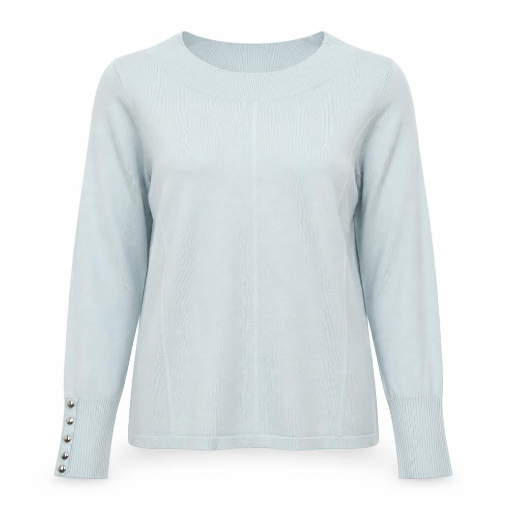 Front view of Micha women’s blue round neck viscose jumper, size S