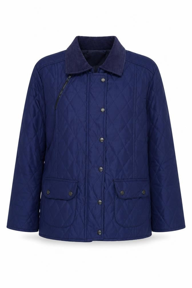 Front view of Influence women’s blue quilted coat, size UK 10, snap