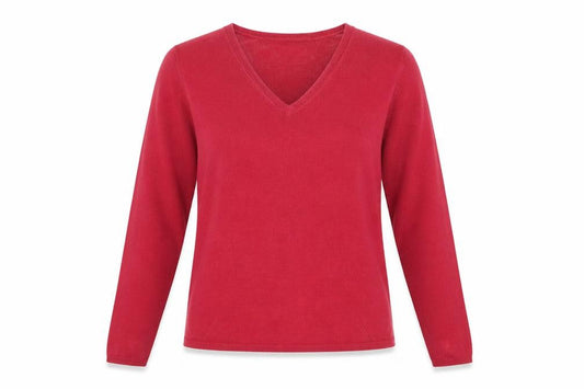 Front view of Marks & Spencer women’s pink v-neck acrylic jumper, size UK 12