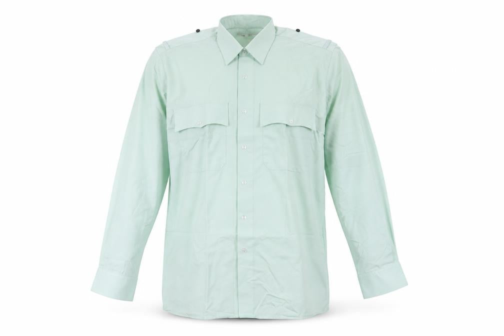 Front view of Preworn men’s green polyester button-up, size 16, collared button
