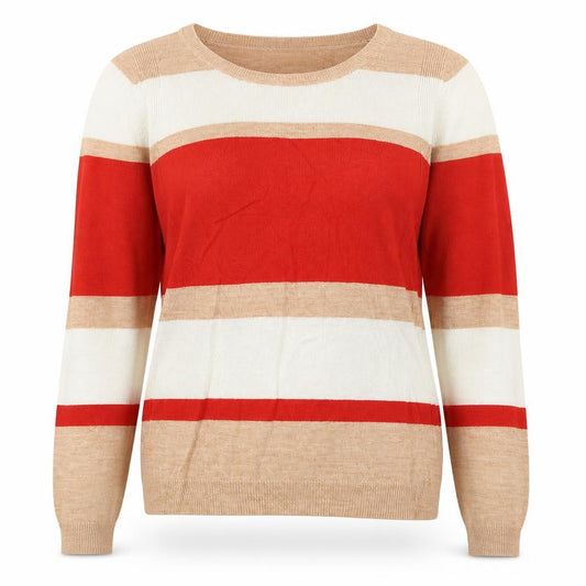 Front view of Marks & Spencer women’s beige round neck striped polyester jumper, size UK 12