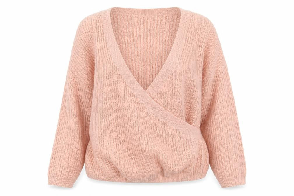 Front view of Divided women’s pink v-neck acrylic jumper, size L