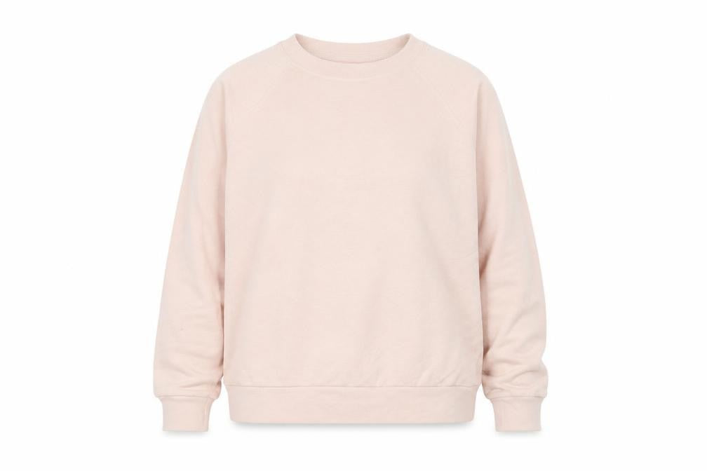 Front view of women’s pink polyester pullover sweatshirt, size L