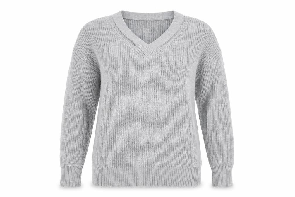 Front view of SHEIN Shien women’s grey v-neck acrylic jumper, size S
