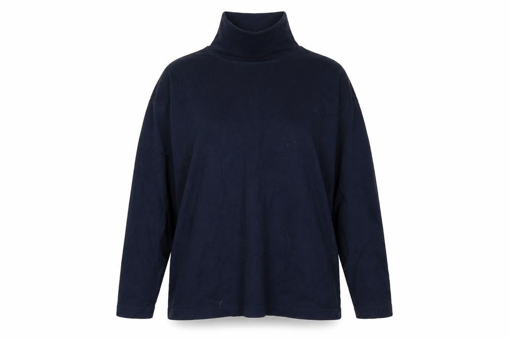 Front view of Amy Moore women’s blue cotton pullover sweatshirt, size M