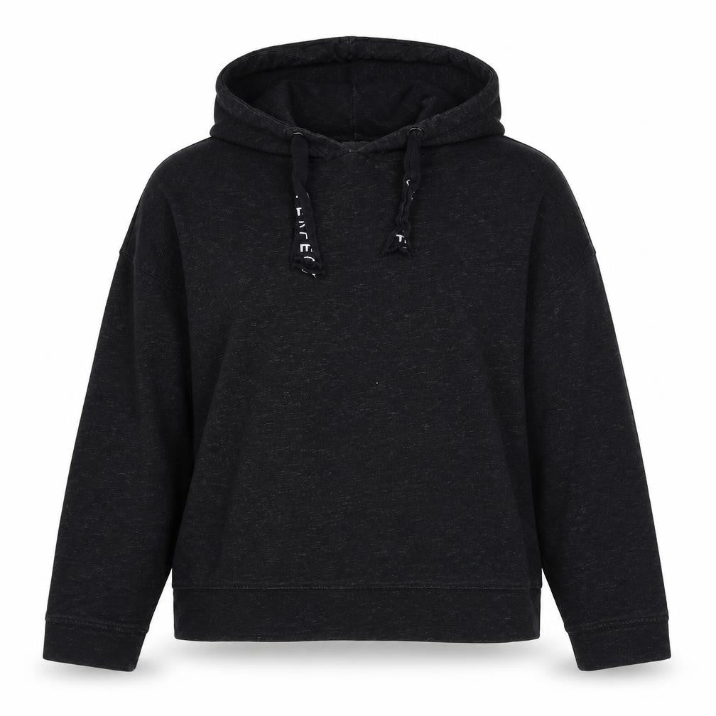 Front view of LOGG women’s black polyester pullover hoodie, size M, tie