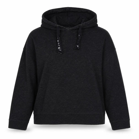 Front view of LOGG women’s black polyester pullover hoodie, size M, tie
