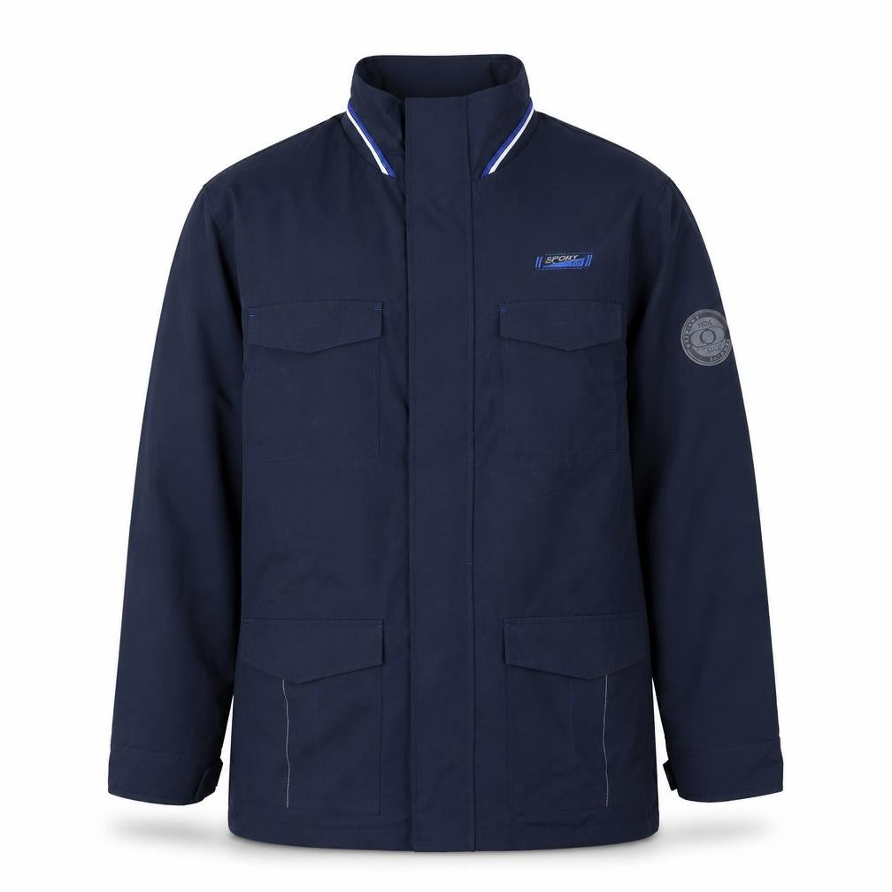 Front view of Atlas men’s blue jacket, size M, zip