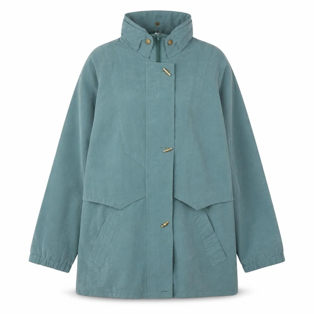 Front view of Preworn women’s blue jacket, size UK 14, button