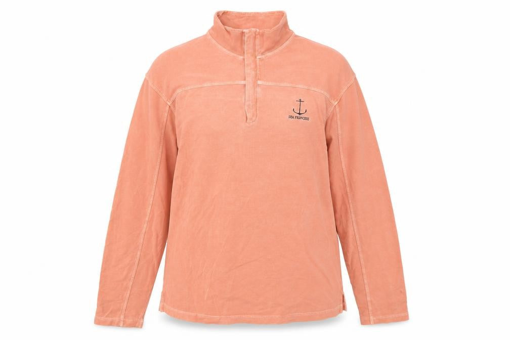 Front view of women’s pink polyester pullover sweatshirt, size L, zip
