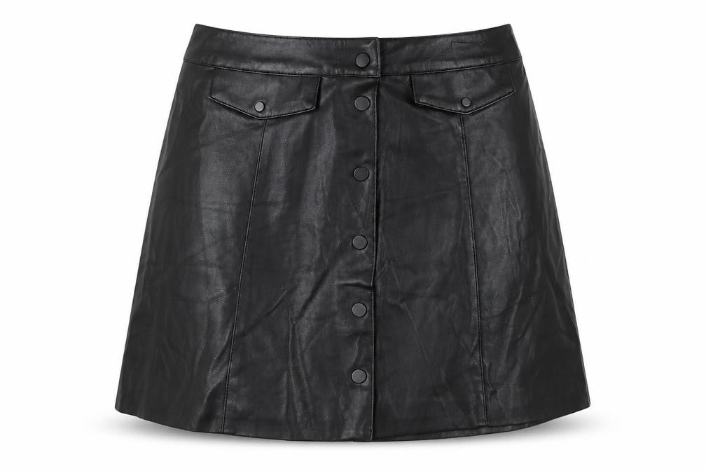 Front view of Divided by H&M women’s black polyurethane a-line skirt, size UK 8, snap