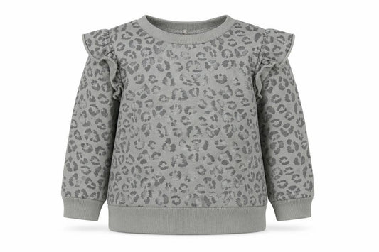Front view of Chick Pea girls’ grey animal print cotton jumper, size 24, months