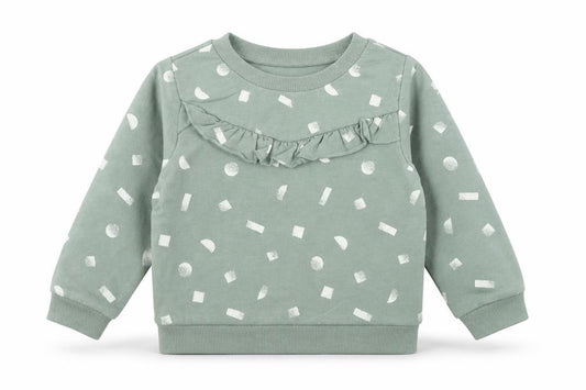 Front view of PL: Baby girls’ green geometric cotton jumper, size 24, months