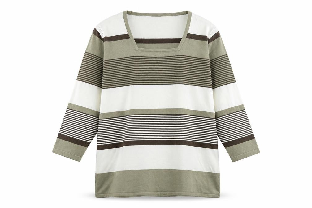 Front view of Alexara women’s multicoloured square neck striped viscose jumper, size XL