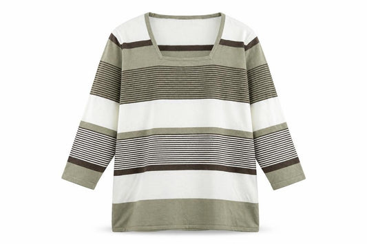 Front view of Alexara women’s multicoloured square neck striped viscose jumper, size XL