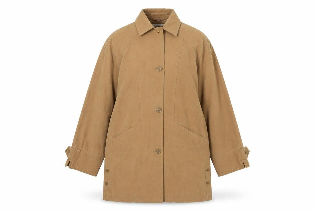 Front view of Bonmarché women’s beige overcoat coat, size UK 12, button