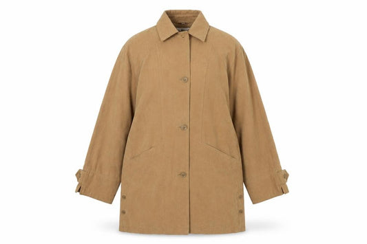 Front view of Bonmarché women’s beige overcoat coat, size UK 12, button