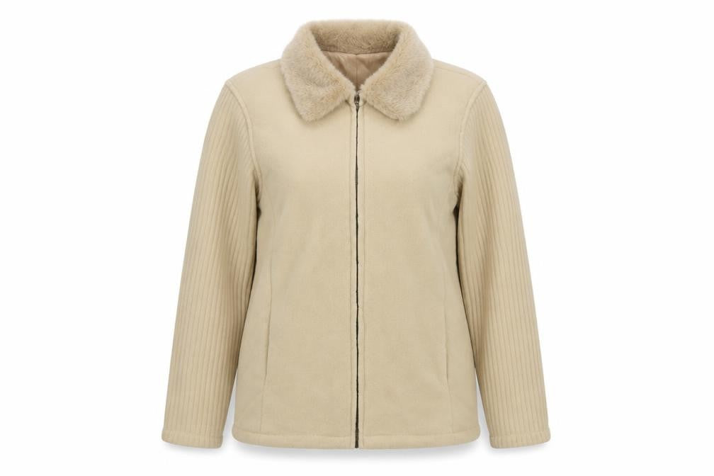 Front view of Anne De Lancay women’s beige jacket, size M, zip