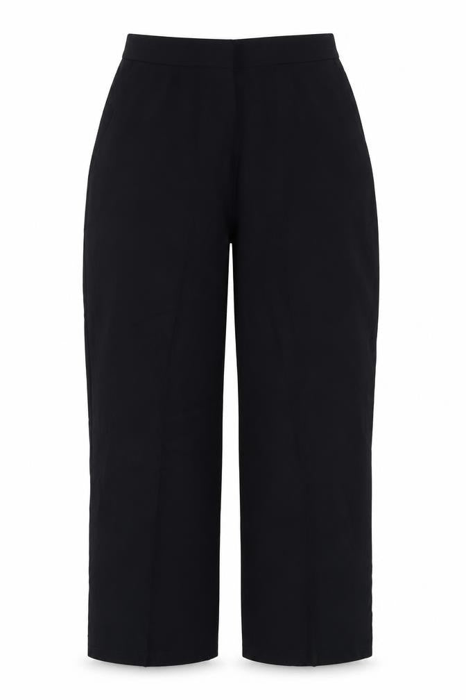 Front view of Preworn women’s blue polyester trousers, size UK 12, 25-inch leg regular