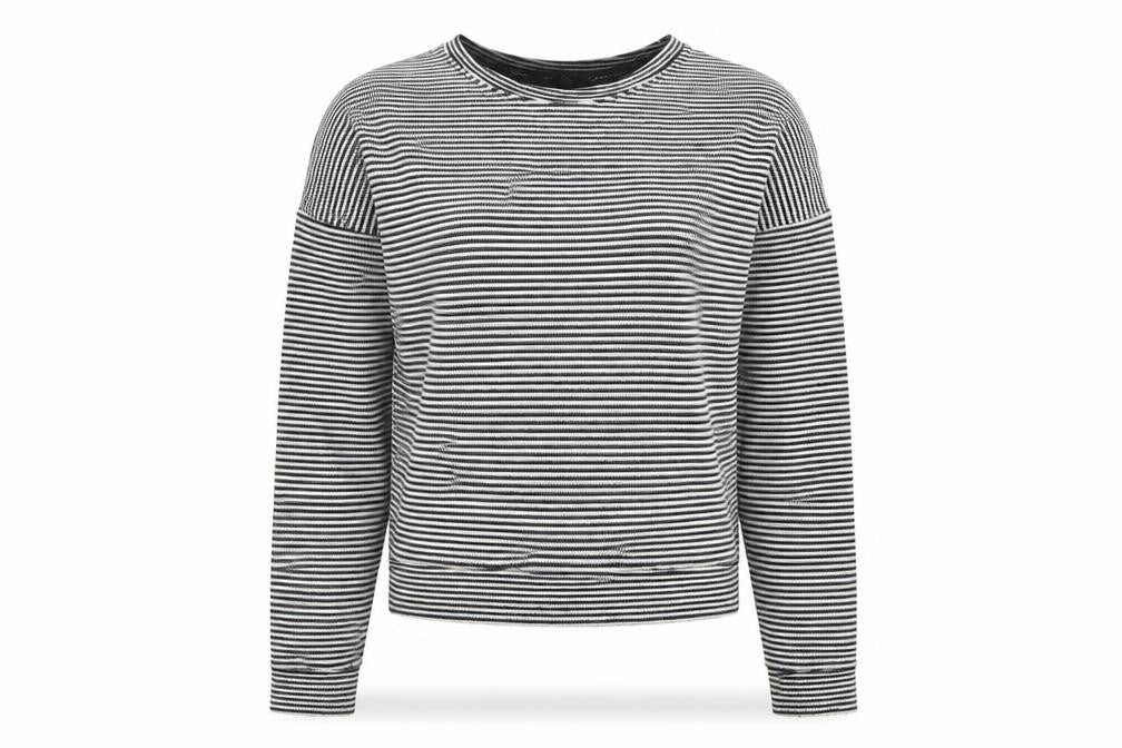 Front view of New Look women’s black crew neck striped polyester jumper, size UK 8