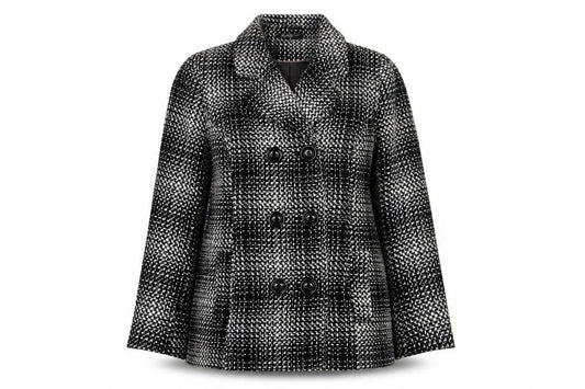 Front view of Classics women’s black plaid jacket, size UK 12, button