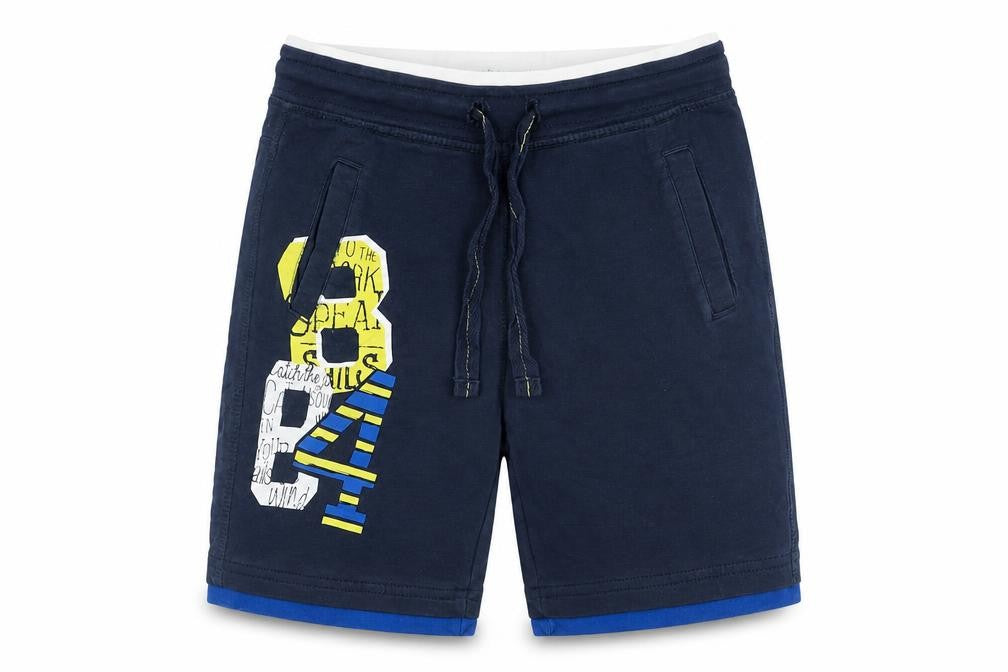 Front view of Boboli boys’ blue polyester bermuda shorts, size 6, years regular tie