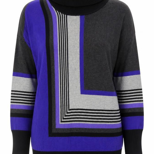 Brandtex Womens Grey Roll Neck Striped Viscose Pullover Jumper Size XL