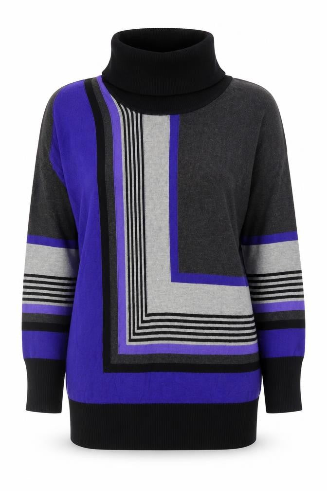 Brandtex Womens Grey Roll Neck Striped Viscose Pullover Jumper Size XL
