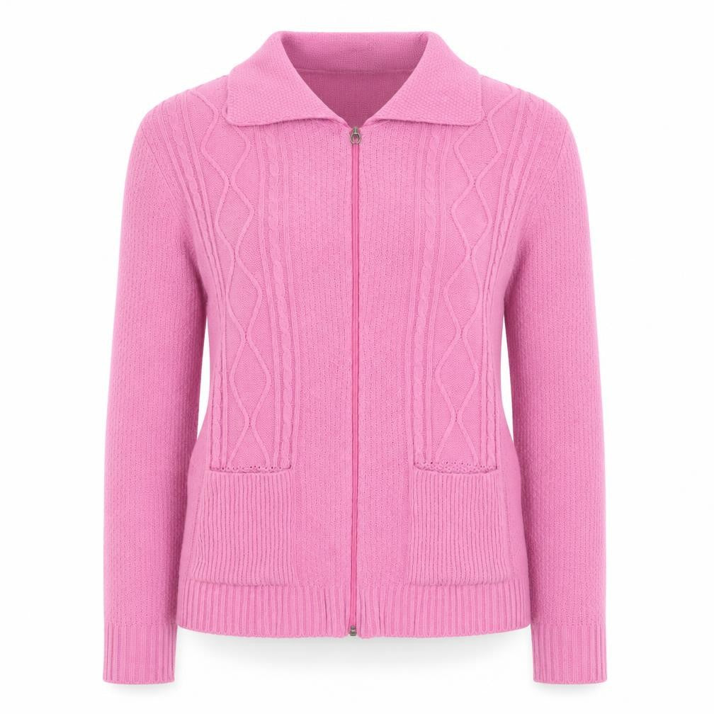 Front view of Glimpse women’s pink collared acrylic full zip jumper, size S