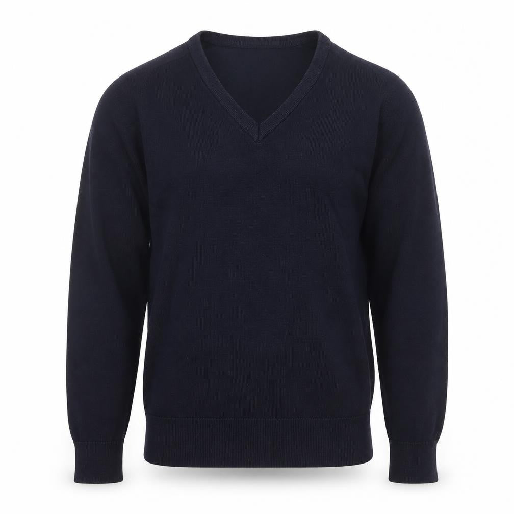 Front view of Trutex boys’ blue v-neck cotton jumper size 2xs pullover
