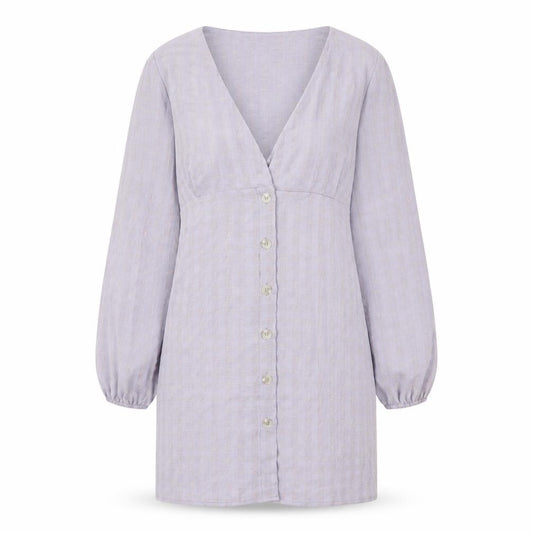 Front view of Nasty Gal women’s purple striped polyester basic button-up, size UK 4, v-neck