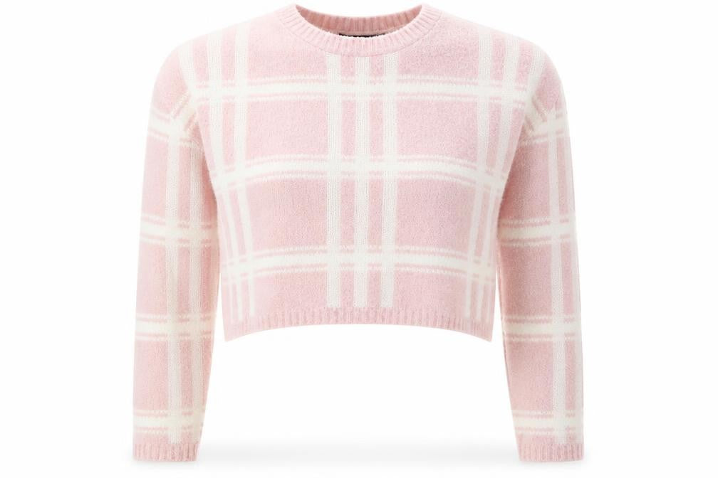 Front view of PRETTYLITTLETHING women’s pink round neck plaid acrylic jumper, size UK 8, - cropped