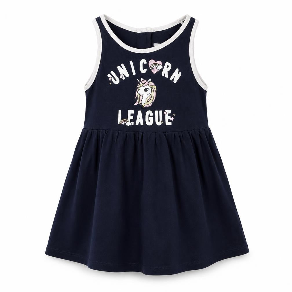 Front view of H&M girls’ blue cotton a-line, size 2, years scoop neck pullover - unicorn