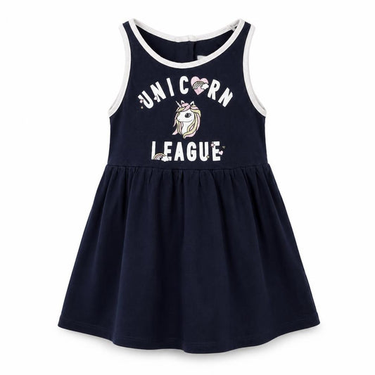 Front view of H&M girls’ blue cotton a-line, size 2, years scoop neck pullover - unicorn