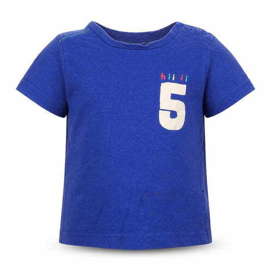 Front view of Mothercare Baby Blue Cotton Basic T-Shirt, size 12-18, Months Crew Neck Snap