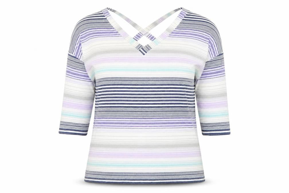 Front view of George women’s multicoloured v-neck striped polyester jumper, size UK 12