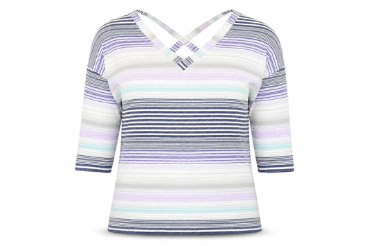 Front view of George women’s multicoloured v-neck striped polyester jumper, size UK 12