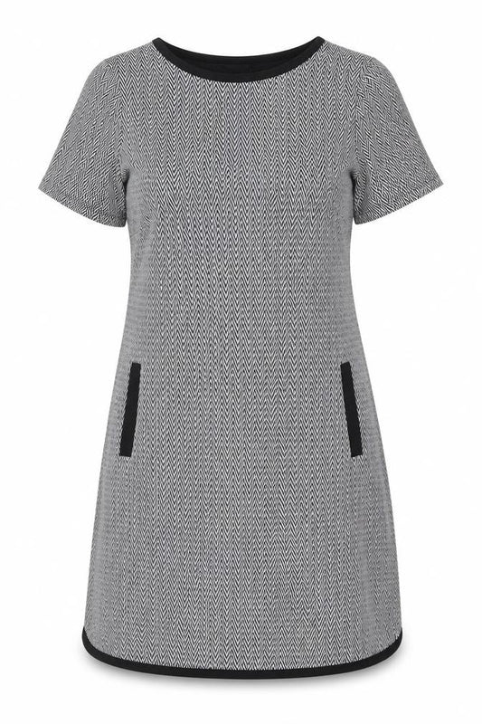 Front view of Peacocks women’s black herringbone polyester a-line, size UK 10, scoop neck pullover