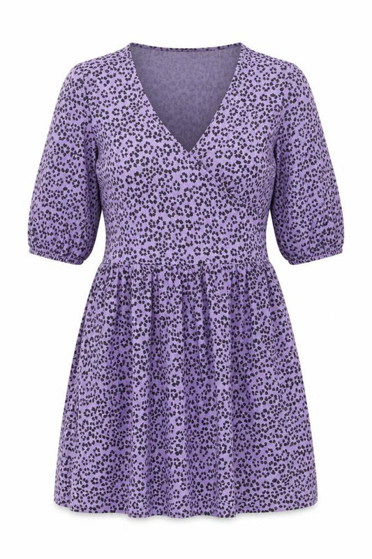 Front view of ASOS women’s purple animal print polyester fit & flare, size UK 10, v-neck